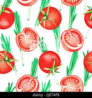 Motif sans couture. Tomates et oignons verts. Illustration aquarelle. Isolé sur un fond blanc. Pour vos livres de cuisine, recettes, tabliers. Banque D'Images
