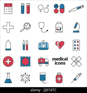 Définir l'illustration vectorielle des icônes de ligne médicale. Kit santé pour hôpital, pharmacie, ambulance. Collecte des éléments cliniques bleu rouge Illustration de Vecteur