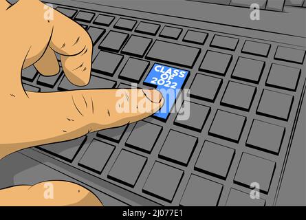 Classe de 2022 mots sur le clavier de l'ordinateur. Un homme appuie sur le clavier de l'ordinateur portable. Concept de style bande dessinée. Illustration de Vecteur
