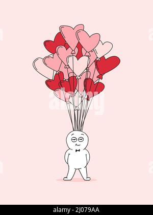 Un homme simple dessiné à la main avec des ballons sous forme de coeurs. Le concept de la Saint-Valentin. Illustration vectorielle plate. Illustration de Vecteur