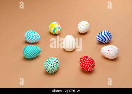 Œufs de Pâques colorés entourant l'œuf blanc sur fond vert. 3d rendu Banque D'Images