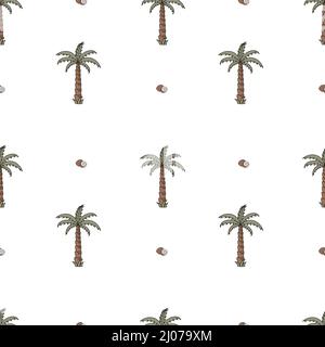 Motif vectoriel sans couture dessiné à la main avec palmiers et noix de coco. Illustration de Vecteur