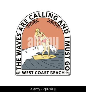 Un badge dessiné à la main avec une femme sur une planche de surf, des vagues et une inscription. Concept de surf. Pour les imprimés de t-shirts, les affiches et autres utilisations. Illustration de Vecteur