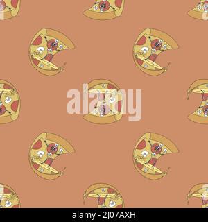 Motif sans couture avec un squelette sur une planche de surf sur une vague sous forme de pizza. Illustration vectorielle plate Illustration de Vecteur