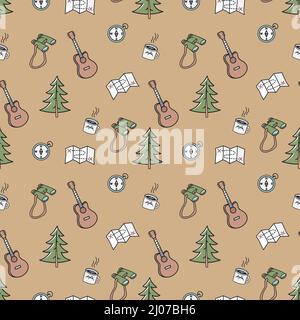 Éléments de camping, motif sans coutures. Guitares, arbres de Noël, jumelles et autres. Illustration vectorielle plate, pour les imprimés de t-shirt, les affiches et autres u Illustration de Vecteur