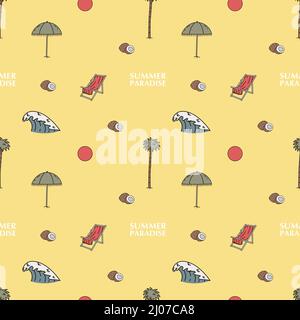 Motif vectoriel sans couture tracé à la main. Parasol, chaise longue, soleil et vagues. Illustration de Vecteur