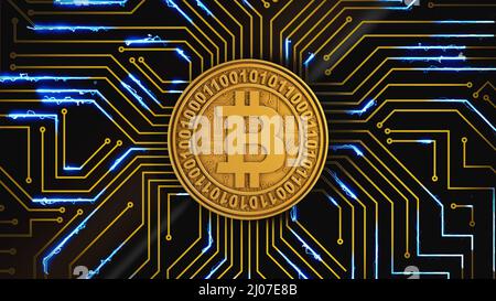 Une pièce en bitcoin dorée clignote avec une lumière bleue sur une carte de circuit imprimé. 3d rendu. Banque D'Images
