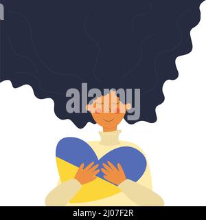 Une femme embrasse un coeur peint dans les couleurs de l'Ukraine. Illustration vectorielle plate en forme de doodle. Illustration de Vecteur