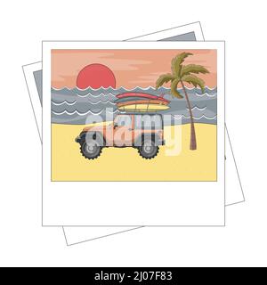 Voiture avec planches de surf sur l'océan, palmier et coucher de soleil. Illustration à vecteur plat dans le cadre de la photocarte. Illustration de Vecteur