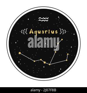Verseau. Signe de zodiaque et constellation dans un cercle. Ensemble de signes de zodiaque dans le style Doodle, dessiné à la main. Illustration de Vecteur