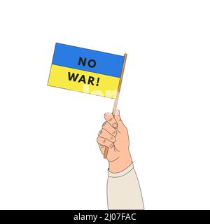 La main détient le drapeau de l'ukraine. L'inscription sur le drapeau PAS DE GUERRE. Illustration de Vecteur