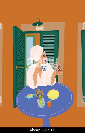 Belle femme en peignoir et serviette sur la tête prenant un petit déjeuner avec café et croissants, assis près de la table sur la terrasse près de l'hôtel ou de la maison. Illustration vectorielle Illustration de Vecteur