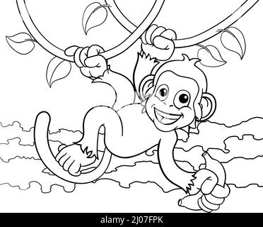 Monkey chantant sur Jungle Vines avec Banana Cartoon Illustration de Vecteur