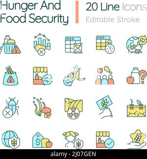 Jeu d'icônes de couleur RVB faim et sécurité alimentaire Illustration de Vecteur