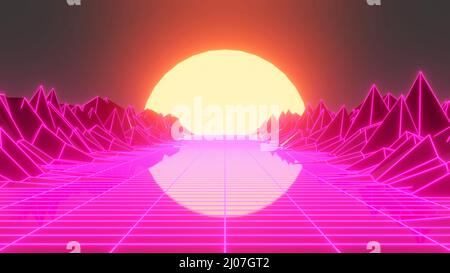 Coucher de soleil rétro au néon. Vaporwave vintage 3D néons paysage.rendu 3D Banque D'Images