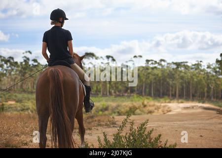 Découverte de la nature à cheval. Une jeune femme qui va faire un tour sur son cheval de châtaignier. Banque D'Images