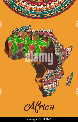 Concept de femme africaine, silhouette de visage avec turban en forme de carte de l'Afrique.Modèle de conception de logo tribal à imprimé afro coloré.Vecteur Illustration de Vecteur