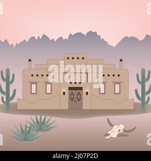 Santa Fe ranch, adobe maison. Style Pueblo, maison du sud-ouest dans le désert avec cactus, montagnes et crâne de vache. Bâtiment typique du Nouveau-Mexique, États-Unis. Banque D'Images