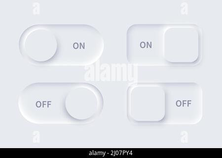 Neumorphisme UI, boutons on et off définit l'illustration vectorielle. 3D barres coulissantes blanches Neumorphic, badges d'alimentation de déverrouillage et de verrouillage actifs, interface utilisateur Illustration de Vecteur