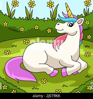 Licorne posée sur Un dessin animé de couleur Flower Field Illustration de Vecteur