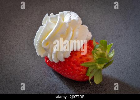 fraise à la crème fouettée sur fond gris Banque D'Images