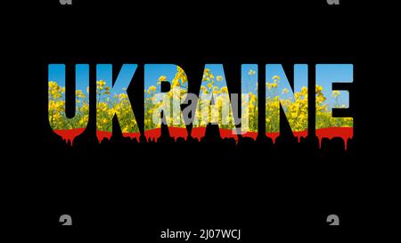 Word Ukraine est écrit sur fond noir et est représenté comme le drapeau national ukrainien dans le ciel bleu et les fleurs de colza jaune avec du sang rouge sur la toile Banque D'Images