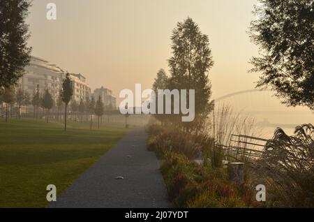 Eurovea - complexe commercial et résidentiel moderne et parc dans le brouillard du matin, situé à côté du Danube à Bratislava Slovaquie. Banque D'Images