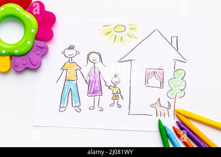 Papa maman et moi - dessin d'enfant. Concept d'adoption Banque D'Images