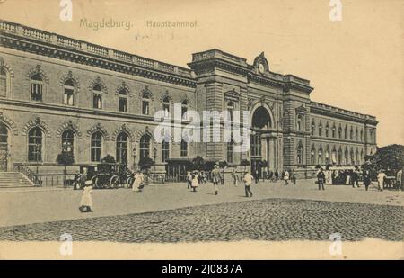 Hauptbahnhof in Magdeburg, Sachsen-Anhalt, Deutschland, Ansicht um ca 1910, digitale Reproduktion einer historischen Postkarte, domaine public, aus der damaaligen Zeit, genaues Datum unbekannt Banque D'Images