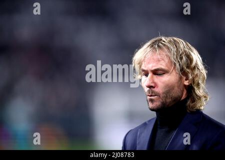 Turin, Italie. 16th mars 2022. Pavel Nedved, vice-président du Juventus FC, se présente lors du match de la Ligue des champions de l'UEFA, Round of Sixteen Leg Two, entre le Juventus FC et le Villareal CF, qui aura lieu le 16 mars 2022 au stade Allianz. Credit: Marco Canoniero / Alamy Live News Banque D'Images