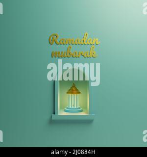 Ramadan Moubarak. Message islamique pour les publicités sur les réseaux sociaux. 3D lanterne turque. Banque D'Images