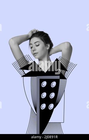 Collage d'art contemporain. Jeune belle femme avec costume dessiné en dessin d'art de ligne posant isolé sur fond bleu Banque D'Images