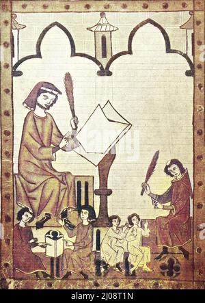 Enseignant et enfant du Codex Manesse, du Codex Manesse, Ou Große Heidelberger Liederhandschrift / Lehrer und Schüler im Mittelalter nach einer Miniatur aus der Manessischen Handschrift, 1250, historisch, C:CC5historical, Digital Improved reproduction of a original from the 19th Century / digitale Reproduktion einer Originalvoraus lage dem 19. Jahrhundert, Originaldatum nicht bekannt Banque D'Images