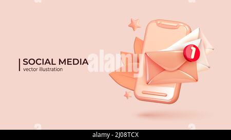 Smartphone mignon avec enveloppe en papier avec chat web rouge de nouveau message. Icône rose de couleur tendance. Réaliste 3D objet. Symbole conceptuel créatif réaliste des notifications. Illustration vectorielle Illustration de Vecteur