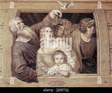 Noah und seine Familie empfängt die Taube BEI ihrer Rückkehr zur Arche / Noah donnant le geste d'orant comme la colombe retourne, historisch, C:CC5historical, Digital Improved reproduction d'un original du 19th siècle / digitale Reproduktion einer Originalvoraus lage dem 19. Jahrhundert, Originaldatum nicht bekannt Banque D'Images