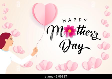 Bonne fête des mères avec ballon volant en papier à motif coeur. Bannière vectorielle avec fille et coeur de papier rose volant. Symboles d'amour sur fond blanc Illustration de Vecteur