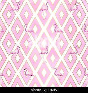 Motif rose Flamingo sans couture Vector avec formes géométriques Rhombus, fond blanc et détails dorés Illustration de Vecteur