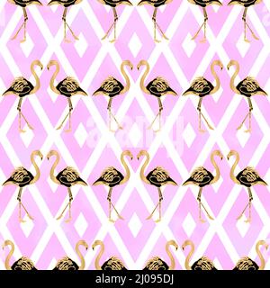 Motif Flamingo doré sans couture Vector avec formes Rhombus géométriques roses Illustration de Vecteur