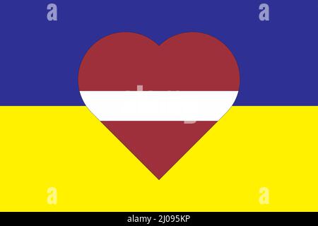 Coeur peint dans les couleurs du drapeau de la Lettonie sur le drapeau de l'Ukraine. Illustration d'un coeur avec le symbole national de la Lettonie sur un bleu-jaune Illustration de Vecteur