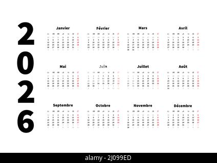 calendrier horizontal simple de 2026 ans en français, calendrier typographique isolé sur blanc Illustration de Vecteur