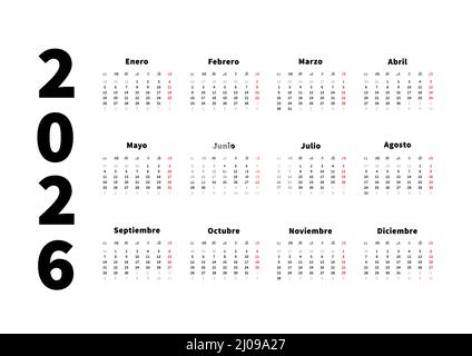 calendrier horizontal simple de 2026 ans en espagnol, calendrier typographique isolé sur blanc Illustration de Vecteur