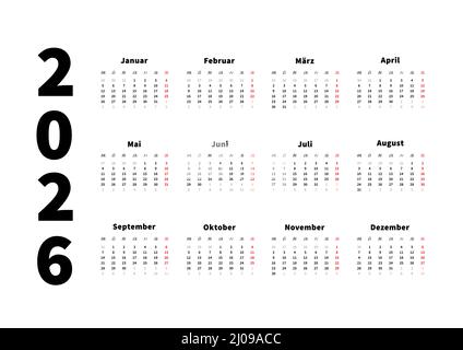calendrier horizontal simple de 2026 ans en allemand, calendrier typographique isolé sur blanc Illustration de Vecteur