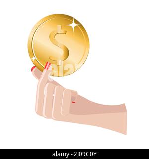 Belle main de femme tenant une pièce de monnaie de dollar isolée sur fond blanc. Illustration vectorielle Illustration de Vecteur