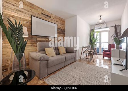 salle de séjour avec mur couvert de planches, feuille de palmier dans un vase en verre, canapé deux places gris et tapis en fibre naturelle Banque D'Images