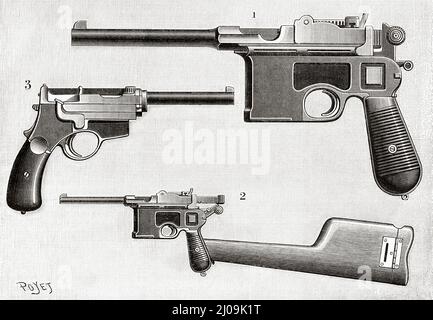 Pistolets automatiques. 1 pistolet Mauser, 2 pistolet Mauser transformé en fusil à l'aide de la gaine, 3 pistolet Mannlicher. Ancienne illustration gravée du 19th siècle de la nature 1899 Banque D'Images