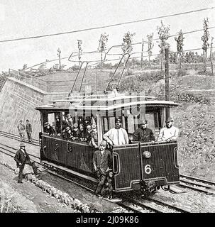 Trams électriques Barmen, Allemagne. Ancienne illustration gravée du 19th siècle de la nature 1899 Banque D'Images