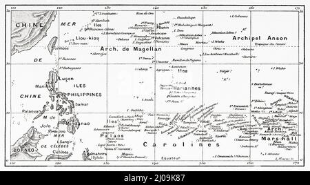 Carte des colonies allemandes en Océanie. Ancienne illustration gravée du 19th siècle de la nature 1899 Banque D'Images