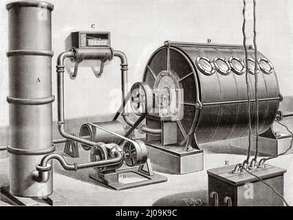 Ozonateur rotatif à l'usine de la Compagnie de l'ozone à Paris. Ancienne illustration gravée du 19th siècle de la nature 1899 Banque D'Images