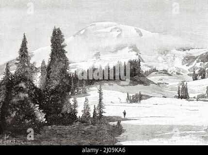 Paradise Valley et vue sur le mont Rainier, parc national de l'État de Washington, États-Unis. Ancienne illustration gravée du 19th siècle de la nature 1899 Banque D'Images