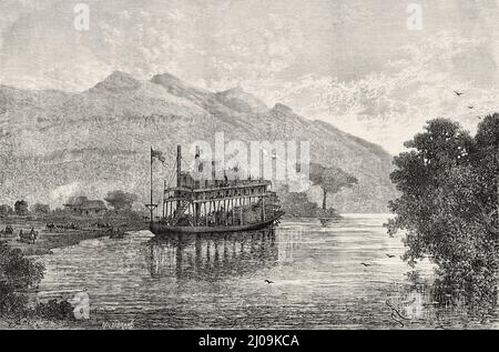 Bateau à vapeur Simon-Bolivar naviguant sur la Magdalena, Colombie. Amérique du Sud. Vieux 19th siècle illustration gravée de Journey to Colombia par Edward François Andre, le Tour du monde 1877 Banque D'Images